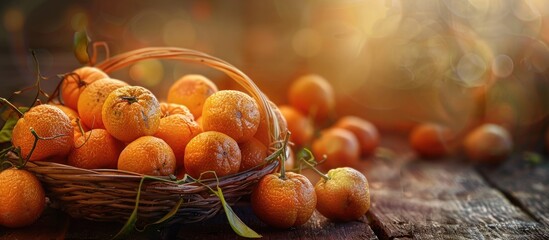 Leinwandbilder - A rustic scene with a basket of delicious and beautiful tangerines placed on a wooden table, creating a citrus background for a close-up image with copy space.