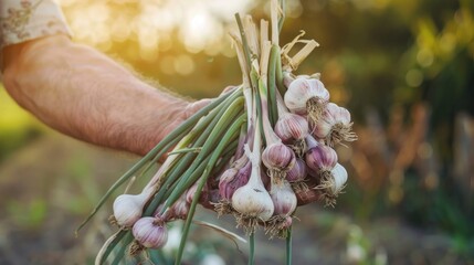 Wall Mural - A person is holding a bunch of garlic