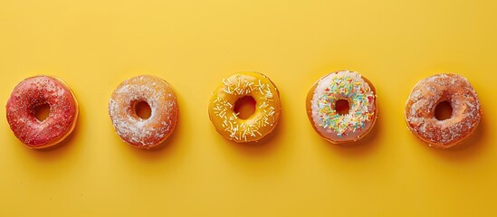 Poster - Donuts arranged in a row on a yellow backdrop with copy space image.