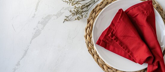 Wall Mural - Flat lay of red folded kitchen napkin on table, isolated background with copy space image for mockup, featuring a minimalistic style.