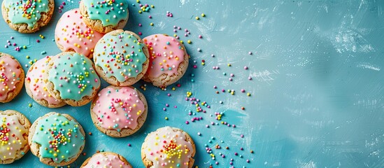 Wall Mural - Colorful almond cookies on a turquoise and white background, in pastel shades, creating a vibrant copy space image.