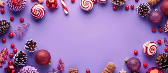 Poster - Flat lay composition featuring a variety of Christmas decorations like balls, cones, and striped candies displayed on a violet background with copy space image.