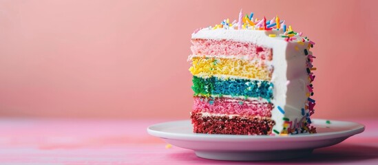 Wall Mural - Colorful birthday cake displayed with a vibrant background for a copy space image.