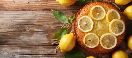 Poster - Top view of a delicious lemon cake with glaze on a wooden table with a copy space image available for text.
