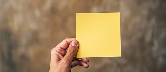 Poster - Close-up photo of a person's hand holding a blank yellow to-do list sticker against a kraft background with space for text or images. Copy space image. Place for adding text and design