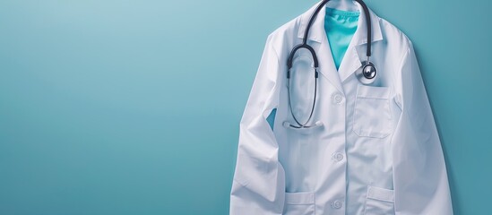 A white lab coat and stethoscope on a blue backdrop with empty space for text or visuals. Copy space image. Place for adding text and design