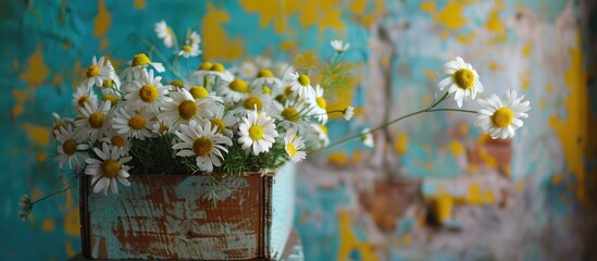 Poster - Chamomile flowers in a box on a chair with a colorful background creating a charming copy space image.