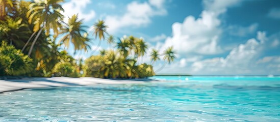 Poster - Blurry background of a tropical island and lagoon in the Cook Islands with copy space image.