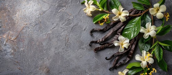 Wall Mural - Top-down view of vanilla pods, leaves, and flowers arranged on a textured gray table, with ample space for text alongside the image.