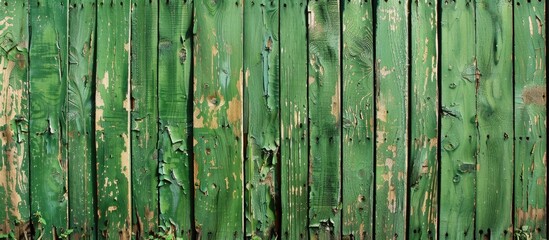 Wall Mural - Background of a green painted wooden fence with a textured copy space image.
