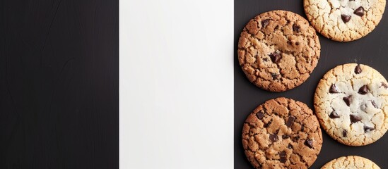 Canvas Print - Cookies viewed from above on a background with black and white colors, creating a visually appealing copy space image.
