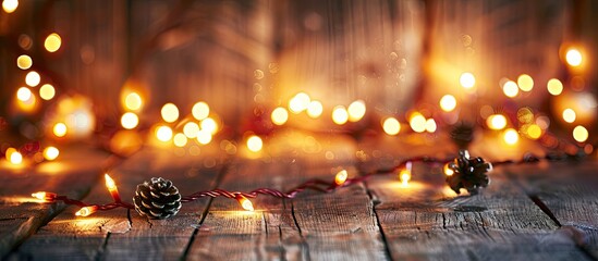 Wall Mural - Festive Christmas decoration with blurred electric garland lamp on a wooden background, featuring empty copy space image.