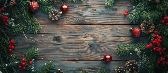 Wall Mural - Aged wooden background adorned with Christmas decorations like spruce branches, creating a festive holiday backdrop with selective focus ideal for placing text in the copy space image.