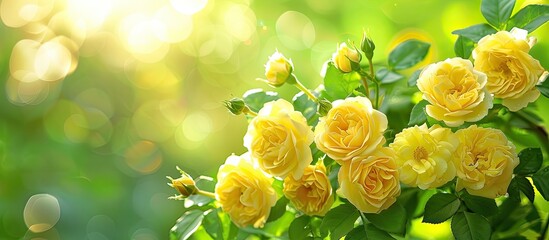 Wall Mural - A radiant bunch of bright yellow roses with green leaves shining in sunlight against a blurred green backdrop, focusing on the flowers, ideal for design with copy space image.