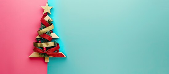 Poster - Festive wooden Christmas tree adorned with golden and red ribbons on a pink and blue background, perfect for text. Top-down view, flat lay style with ample copy space image.