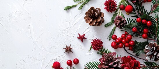 Poster - Top view of Christmas arrangement on a white backdrop with ample copy space image.