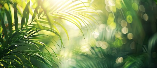Poster - Blurred nature backdrop with green palm leaves and sunlight, perfect for text or ads in a bio-inspired copy space image, emphasizing eco-friendly concepts.