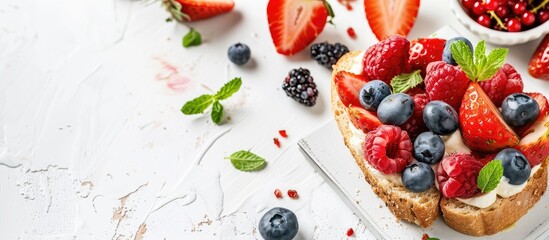 Poster - Delicious homemade sandwich featuring fresh berry fruits on a white background with copy space image.