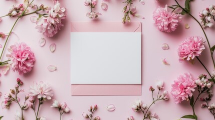 Wall Mural - Floral pink invitation display with white paper for template. AI generated