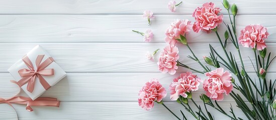 Aufkleber - Top view image of carnations and a gift box on a white wooden background with a copy space for Mother's Day greetings.