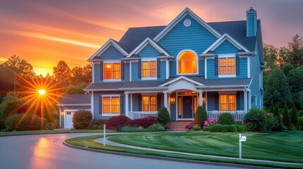 Poster - A perfect neighbourhood. Houses in suburb at Summer in the north America. Luxury houses with nice landscape.  