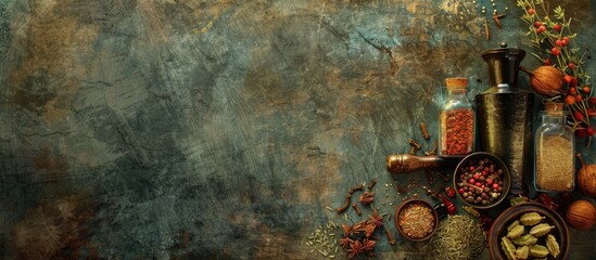Poster - An assortment of spices and kitchen tools displayed on a vintage backdrop with copy space image.