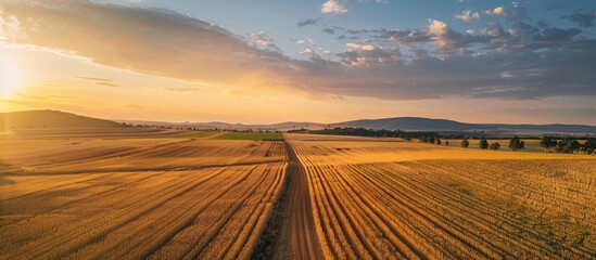 Wall Mural - Aerial photography of agricultural fields and a road leading to the horizon set against the evening sky with copy space image.