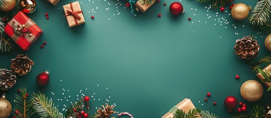 Poster - A Christmas-themed flat lay arrangement with decorative ornaments, gift boxes, and fir leaves creating a background, perfect for a copy space image.