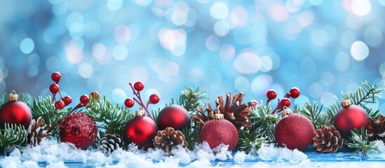 Poster - Christmas themed banner featuring red ornaments, pine cones, and branches arranged on a snowy wooden surface, set against a blue bokeh background with available copy space image.