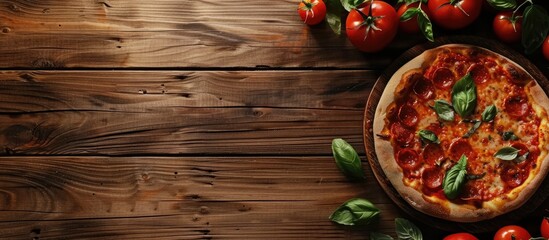 Wall Mural - Italian pizza on wooden surface with space for text. Copy space image. Place for adding text and design
