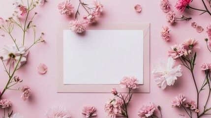 Wall Mural - Floral pink invitation display with white paper for template. AI generated