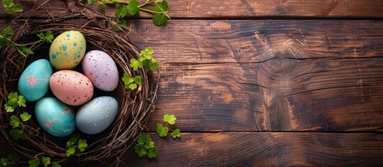 Aufkleber - Easter eggs on a wooden table with a wreath made of vines. Top view with copy space image for text.
