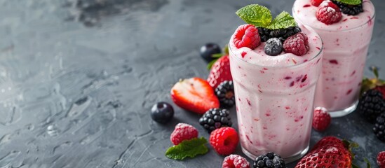 Poster - Summer dessert featuring fresh fruits and berries served alongside homemade yogurt or a milkshake, offering a healthy option, and complemented by a delightful copy space image.