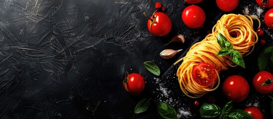 Aufkleber - Top view of raw spaghetti on a black stone table with tomato, garlic, and basil, allowing for copy space image.