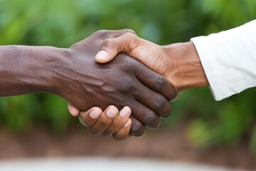 A close-up image of two hands shaking in front of a blurred green background