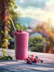 Poster - A glass of pink smoothie with a straw and a bunch of raspberries on the table