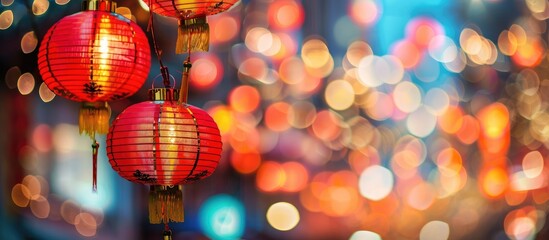 Poster - Bokeh background with copy space image for Christmas or Chinese New Year lights.