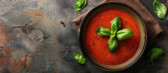 Poster - Gazpacho, a classic Spanish tomato soup, served in a ceramic bowl garnished with basil on a stone surface with ample copy space image.