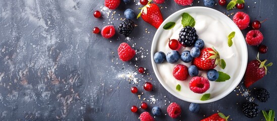 Poster - Summer dessert featuring fresh fruits and berries served alongside homemade yogurt or a milkshake, offering a healthy option, and complemented by a delightful copy space image.