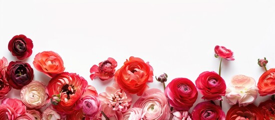 Sticker - Close-up of ranunculus flowers against a white backdrop with copy space image.