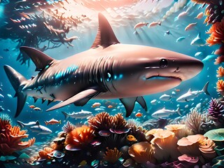 Wall Mural - Generative AI. A school of sharks in a calm, clear sea and around a beautiful coral reef.
