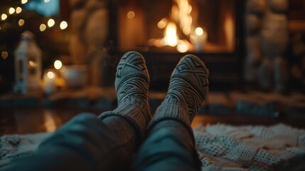 Wall Mural - A person is laying down with their feet up in front of a fireplace. The room is cozy and warm, with a rug on the floor and a few candles scattered around. The person appears to be enjoying the warmth