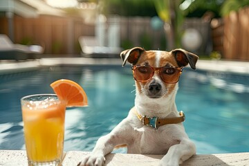 Canvas Print - dog in glasses sitting by the pool with a fruity drink