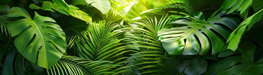 Wall Mural - lush green tropical leaves in sunlight - background texture for design.