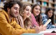 © AucArtStudio - focused young man studying with friends in a library, college students studying together.