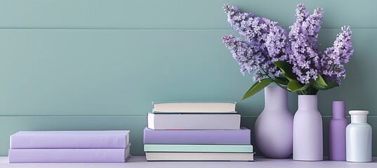 Sticker - Lilac and Mint Accents: Seven textbooks arranged on a table, with lilac and mint accents