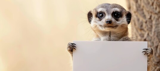 Poster - Meerkat Holding Empty White Sign on Trendy Background Copy Text, Space for Text