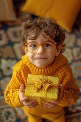 Wall Mural - A young boy wearing glasses and a yellow sweater holding a yellow box. He is smiling and he is excited about the gift