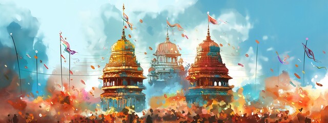 Watercolor illustration of people celebrating rath yatra with a colorful traditional chariots.