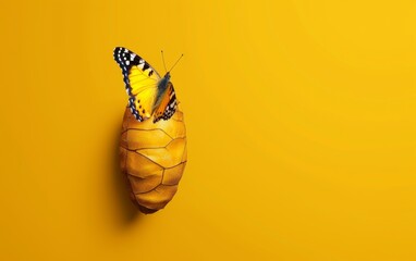 butterfly emerging from cocoon on yellow background - minimalist nature photography.